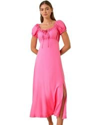Roman - Puff Sleeve Linen Mix Midi Dress - Lyst