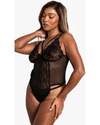 Boohoo - Plus Cross Front Lace Cup One Piece - Lyst