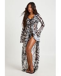 Boohoo - Zebra Print Ruffle Detail Mesh Maxi Beach Kimono - Lyst