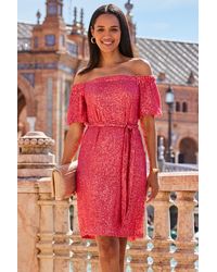 Sosandar - Coral Sequin Bardot Belted Shift Dress - Lyst