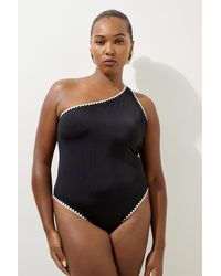 Karen Millen - Plus Size Contrast Stitch One Shoulder Swimsuit - Lyst