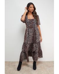 Oasis - Printed Square Neck Scallop Edge Puff Sleeve Midi Dress - Lyst