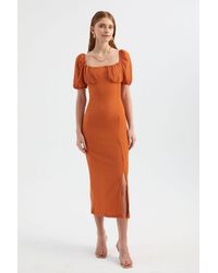 Hiccup - Sweetheart Neck Smocked Balloon Sleeves Midi Dress With A Side Slit - Lyst