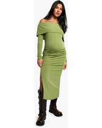 Boohoo - Maternity Wide Soft Rib Deep Bardot Long Sleeve Side Split Midaxi Dress - Lyst