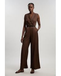 Karen Millen - Premium Viscose Linen Tailored Belted Wide Leg Jumpsuit - Lyst