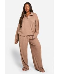 Boohoo - Plus Soft Rib Collared Top & Trouser Lounge Set - Lyst