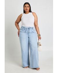 Boohoo - Plus Tie Waist Wide Leg Jean - Lyst