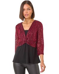 Roman - Sequin Bodice V-Neck Stretch Top - Lyst
