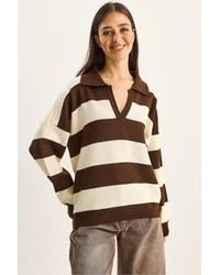 Bianco Lucci - Striped V-Neck Long Sleeve Pullover Sweater - Lyst