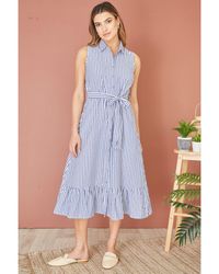 Yumi' - Striped Sleeveless Midi Shirt Dress Cotton - Lyst