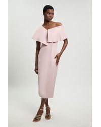 Karen Millen - Petite Polished Linen Blend Asymmetric Fold Detail Tailored Midi Pencil Dress - Lyst