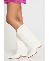 Boohoo - Wide Fit Fold Over Embroidered Knee High Western Boots - Lyst