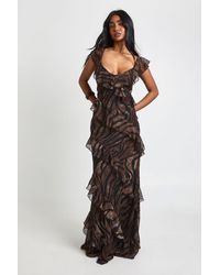 Boohoo - Chiffon Ruffle Tonal Zebra Strappy Maxi Dress - Lyst