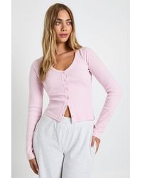 Boohoo - Ribbed Button Through V Neck Long Sleeve Top - Lyst