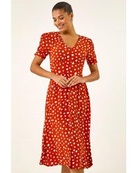 Roman - Polka Dot Ruched Sleeve Midi Dress - Lyst