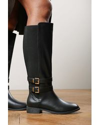 Where's That From - Elaris Wide Fit Double Buckle Detail Stretch Elastic Knee High Riding Boots - Lyst