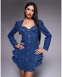 ASOS - Denim Structured Mini Dress With Scallop Detail And Back Bow - Lyst