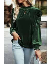 Azura Exchange - Fluwelen Mock Neck Blouse Met Lange Mouwen En Sleutelgat Top - Lyst
