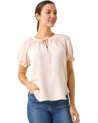 Roman - Shirred Tie Front Neck Top - Lyst