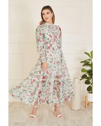Yumi' - Ivory Butterfly Floral Tiered Long Sleeve High Neck Maxi Dress With Lace Trim - Lyst