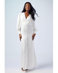 Oasis - Premium Button Front Blouson Sleeve Satin Wedding Dress - Lyst