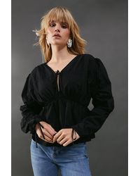 Warehouse - Cotton Tie Front Volume Sleeve Blouse - Lyst
