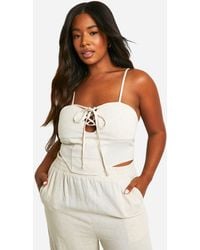 Boohoo - Plus Linen Look Lace Up Corset Top - Lyst