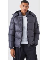 BoohooMAN - High Shine Hooded Puffer In Grey - Lyst