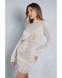 MissPap - Sequin Ruched Open Back Long Sleeve Bodycon Mini Dress - Lyst