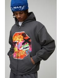 BoohooMAN - Oversized Boxy Zip Through Graffiti Printed Hoodie Cotton - Lyst