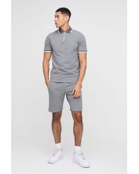 BoohooMAN - Slim Fit Pique Interlock Stripe Polo And Shorts Set - Lyst