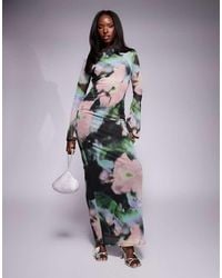 ASOS - Low Back Floral Mesh Maxi Dress With Angel Sleeves - Lyst