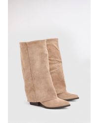 Boohoo - Wide Fit Fold Over Block Heel Knee High Boots - Lyst