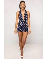 Urban Bliss - Halter Neck Plunge Tie Back Floral Print Playsuit - Lyst