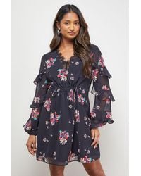 Oasis - Printed Lace Detail Frill Sleeve Mini Dress - Lyst