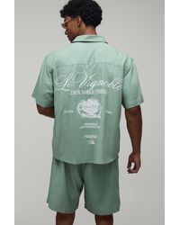 BoohooMAN - Back Embroidered Linen Look Oversized Shirt & Short Set - Lyst