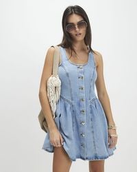 River Island - Mini Dress Denim Button Front Sleeveless Cotton - Lyst