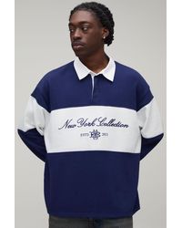BoohooMAN - Oversized New York Embroidered Stripe Rugby Polo - Lyst