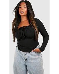 Boohoo - Plus Tie Front Long Sleeve Corset Top - Lyst