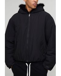 BoohooMAN - Oversized Faux Fur Trim Hooded Bomber Jacket - Lyst