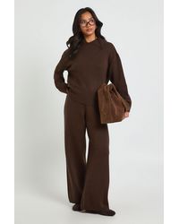 Boohoo - Petite Chunky Knit Collar Detail Oversized Jumper And Wide Leg Trouser Co-Ord - Lyst