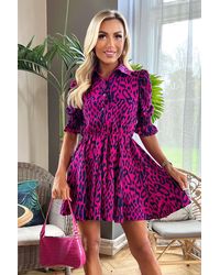 AX Paris - Cerise And Animal Print Puff Sleeve Shirt Skater Dress - Lyst