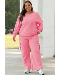 Azura Exchange - Sachet Roze Effen Kleur Patchwork Pullover Top En Cargo Broek Set - Lyst