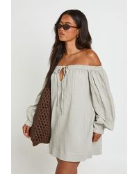 Boohoo - Bardot Volume Sleeve Beach Dress - Lyst