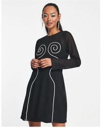 TOPSHOP - Long Sleeve Swirl Contrast Stitch Detail Mini Dress - Lyst