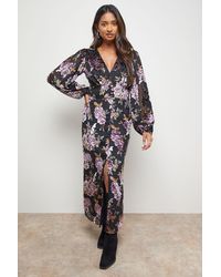 Oasis - Devore V Neck Puff Sleeve Midi Tea Dress - Lyst