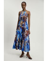 Karen Millen - Cotton Halterneck Woven Midi Dress With Dropped Waist Detail - Lyst