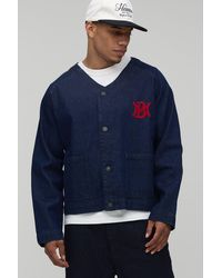 BoohooMAN - Oversized Varsity Embroidered Denim Baseball Shirt - Lyst