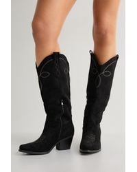 Boohoo - Faux Suede Tab Detail Knee High Western Boots - Lyst