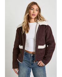 Boohoo - Teddy Trim Faux Suede Aviator - Lyst